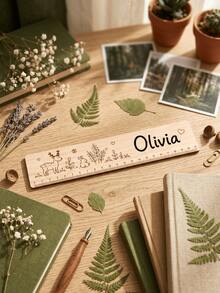 1pc Personalized Custom Wooden Ruler, Desktop Reading Guide And Learning Aid Tool, Customizable With Name And Fantasy Nature, Space Or Dinosaur Patterns, High-Quality Craftsmanship Measuring Tool, Office Supplies, Special Gift For Educators, Friends And Colleagues - Multicolor - View 3