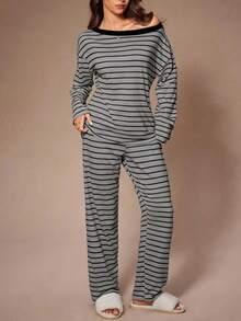 Women's Spring/Autumn Casual Pajama Set, Off-Shoulder Asymmetrical Neck Pullover Top With Simple Striped Print, Long Sleeve And Long Pants 2 Pieces Set, Slouchy High-End Loungewear - Multicolor - View 1
