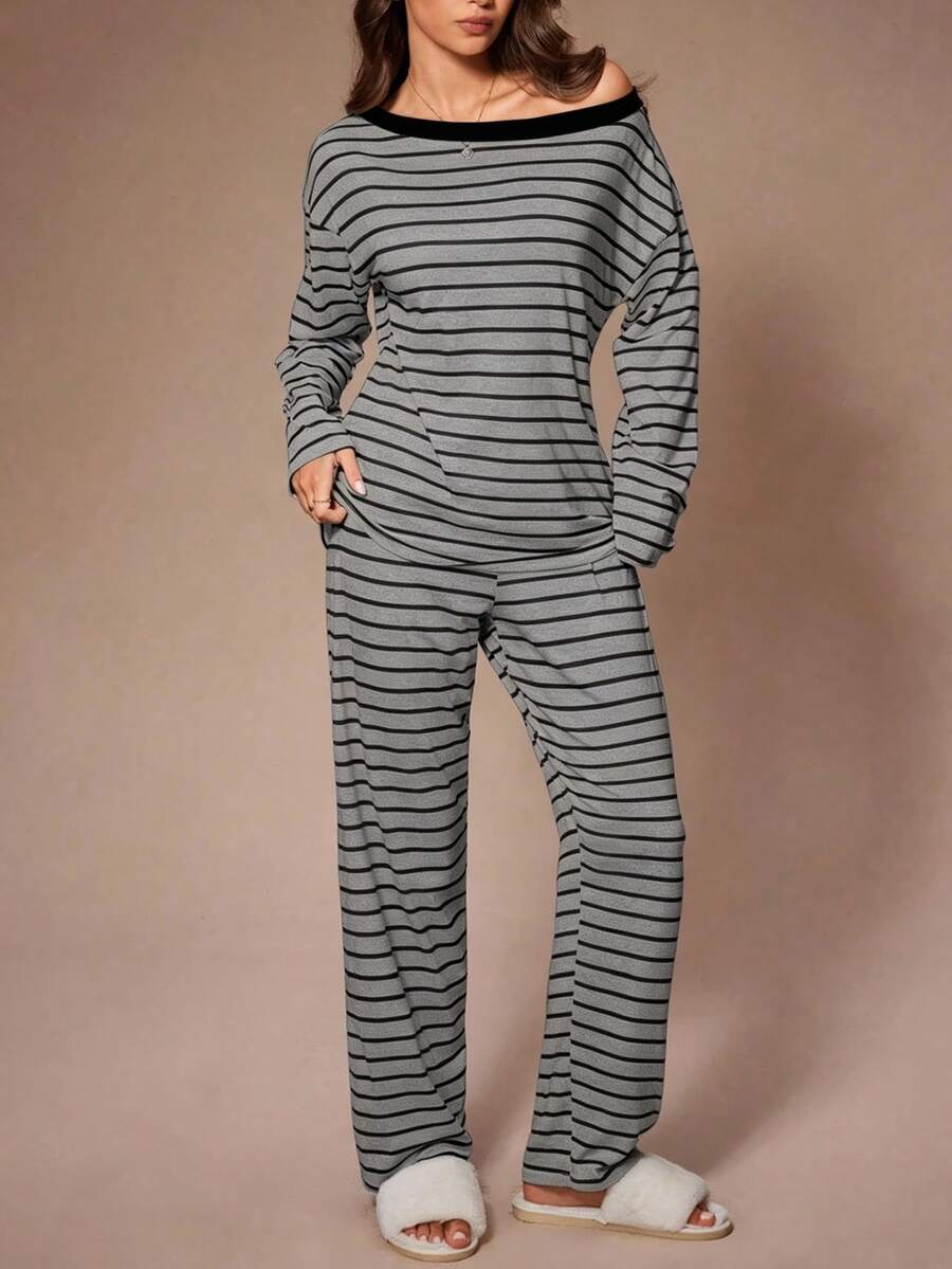 Women's Spring/Autumn Casual Pajama Set, Off-Shoulder Asymmetrical Neck Pullover Top With Simple Striped Print, Long Sleeve And Long Pants 2 Pieces Set, Slouchy High-End Loungewear - Multicolor - View 1