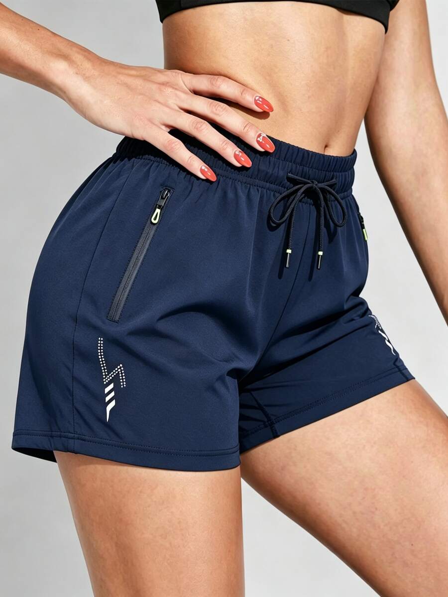 mulinsen Women's Sporty Versatile Print Design Colorblock Zipper Shorts - Navy Blue - View 1