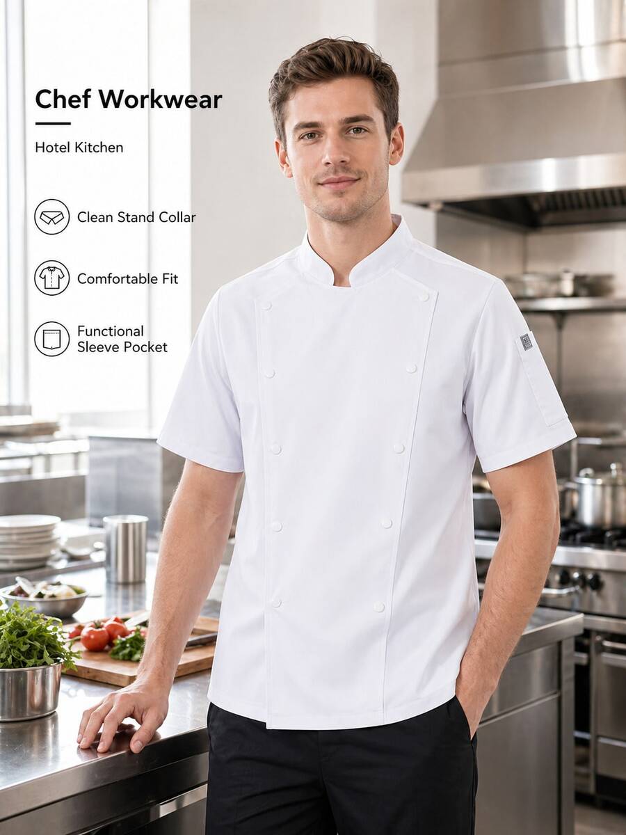 White Short Sleeve Chef Uniform - Polyester, Machine Washable Fabric, Solid Color Stand Collar Design, Suitable For Kitchen, Bakery, Restaurant, School Cafeteria Chef Accessories - White - View 1