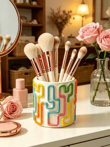 1pc Cute Mushroom & Line Pattern Makeup Brush Holder, Cream Style Large Capacity Desktop Makeup Brush Bucket, Exquisite Desktop Storage For Vanity, Bathroom And Bedroom, Large Capacity Cosmetic Storage Cup, Smooth Glazed Vanity Organizer, Ideal Gift For Women, Home Decor - A - View 3