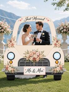 1pc-Just Married Photo Booth Frame, Wedding Car Selfie Frame Backdrop Cutout, Romantic Rose Floral Picture Prop Banner For Bridal Shower Engagement Party Decor - 1pc - View 2