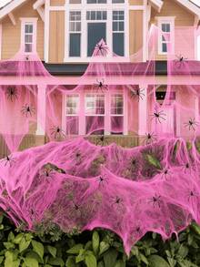 Dekorasi Halloween Baru: Jaring Laba-laba Katun Merah Muda, Dekorasi Adegan Jaring Laba-laba, Jaring Laba-laba Merah Muda, Properti Rumah Hantu - berwarna merah muda - View 4