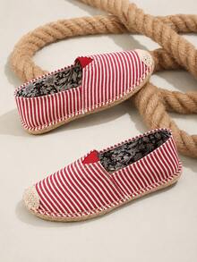 Men's Canvas Espadrilles Slip On Striped Beach Loafers Summer Casual Shoes - Red - View 5