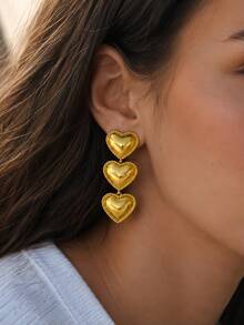 1 Pair Iron Electroplated 24K Gold-Tone Polished 3D Beaded Three Interlocking Heart Long Drop Earrings, Elegant French Classic Style, Suitable For Daily Wear, Gifts, Parties, Festivals, Weddings, Valentine's Day, Essential Everyday Style - Heart - View 1