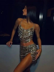 DEKUNER 2pcs Luxury Sparkle Rhinestone Body Chain Set, Handmade Crystal Halter Crop Top + Mini Skirt Set Harness Outfit For Party & Beach - White - View 3