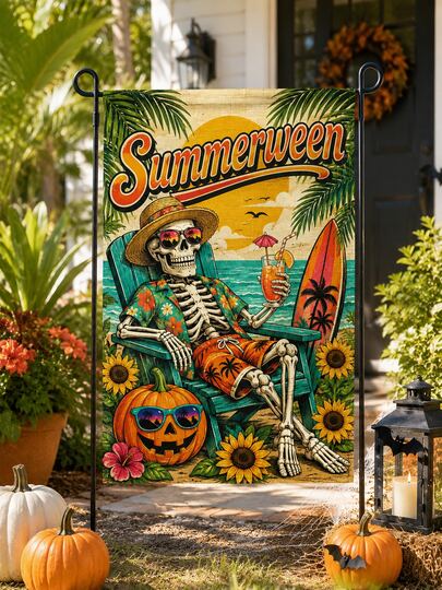 1pc Summerween Halloween Skeleton Beach Garden Flag, Straw Hat Skeleton Pumpkin Sunflower Surfboard Print Outdoor Yard Decor, Suitable For Porch Lawn, Seaside Vacation And Halloween Theme Decoration, Garden Ornaments Outdoor, Holiday Accessories, Flag Pole Not Included