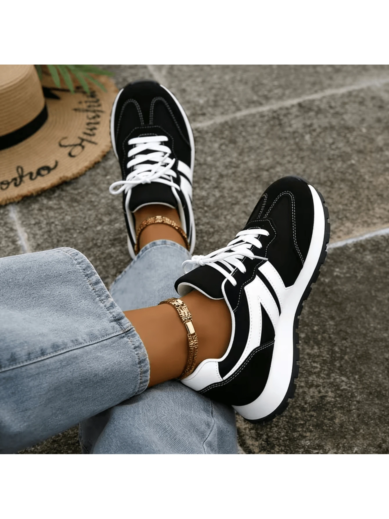 Women's Classic Fashion Comfortable Casual Versatile Lace-Up Lightweight Non-Slip College Style New Sports Shoes Zapatillas Elegantes De Mujer - 黑色 - 查看 1