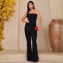 Women's Strapless Pants And Blouse Set With Diagonal Cutout - 黑夜 - 查看 6
