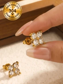 1 Pair 18K Gold Plated 304 Stainless Steel Clover Rhinestone Stud Earrings, Hypoallergenic, Versatile For Daily Commute, Everyday Wear And Holiday Gift - Yellow Gold - View 1