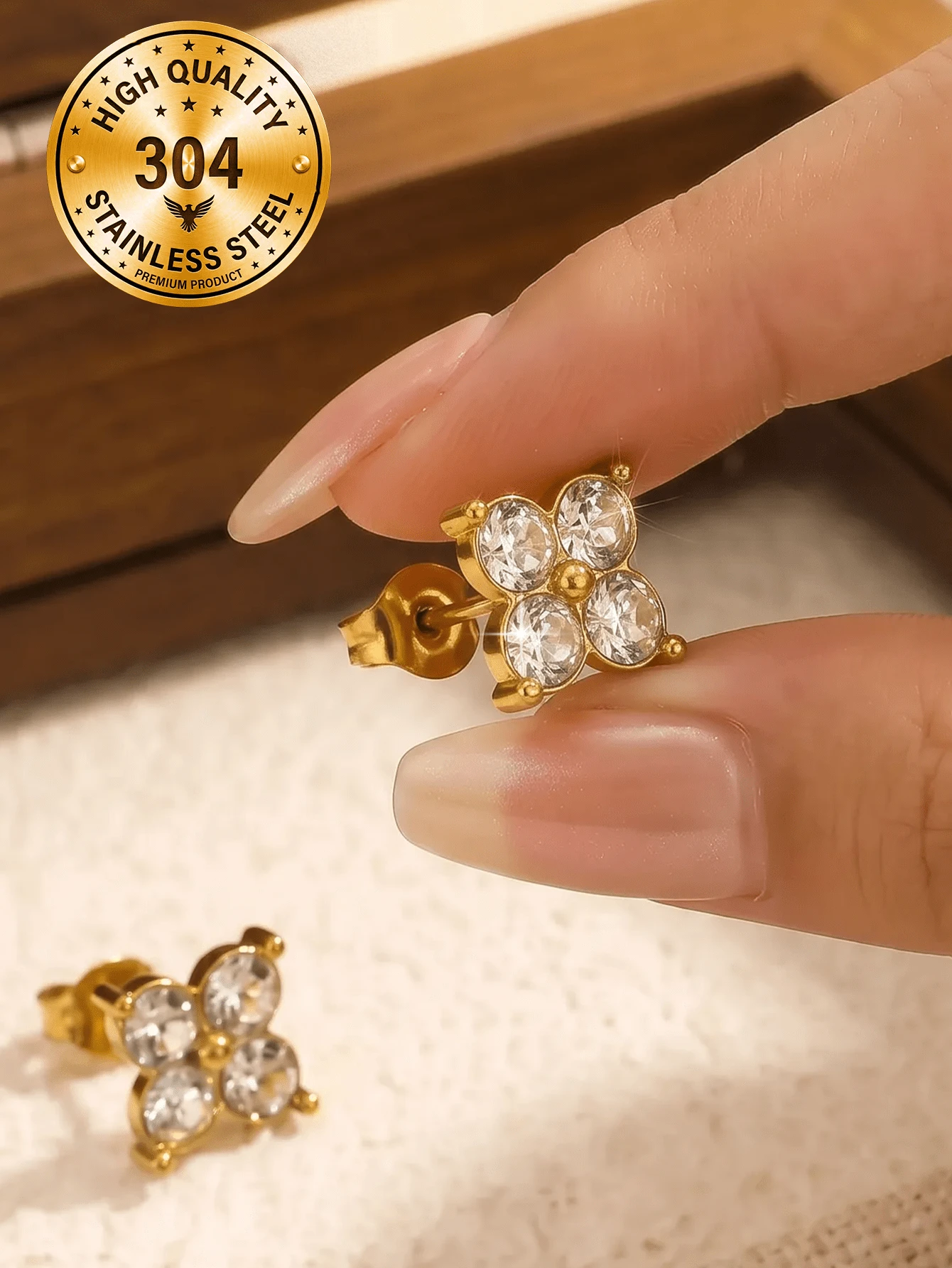 1 Pair 18K Gold Plated 304 Stainless Steel Clover Rhinestone Stud Earrings, Hypoallergenic, Versatile For Daily Commute, Everyday Wear And Holiday Gift - Yellow Gold - View 1