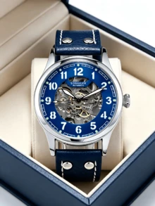 1 buah Jam Tangan Mekanik Otomatis Pria LONGLUX, Jam Tangan Pilot Vintage dengan Dial Berongga dan Tali Kulit Bercahaya, Cocok untuk Pemakaian Sehari-hari dan Hadiah Liburan - Biru - View 2