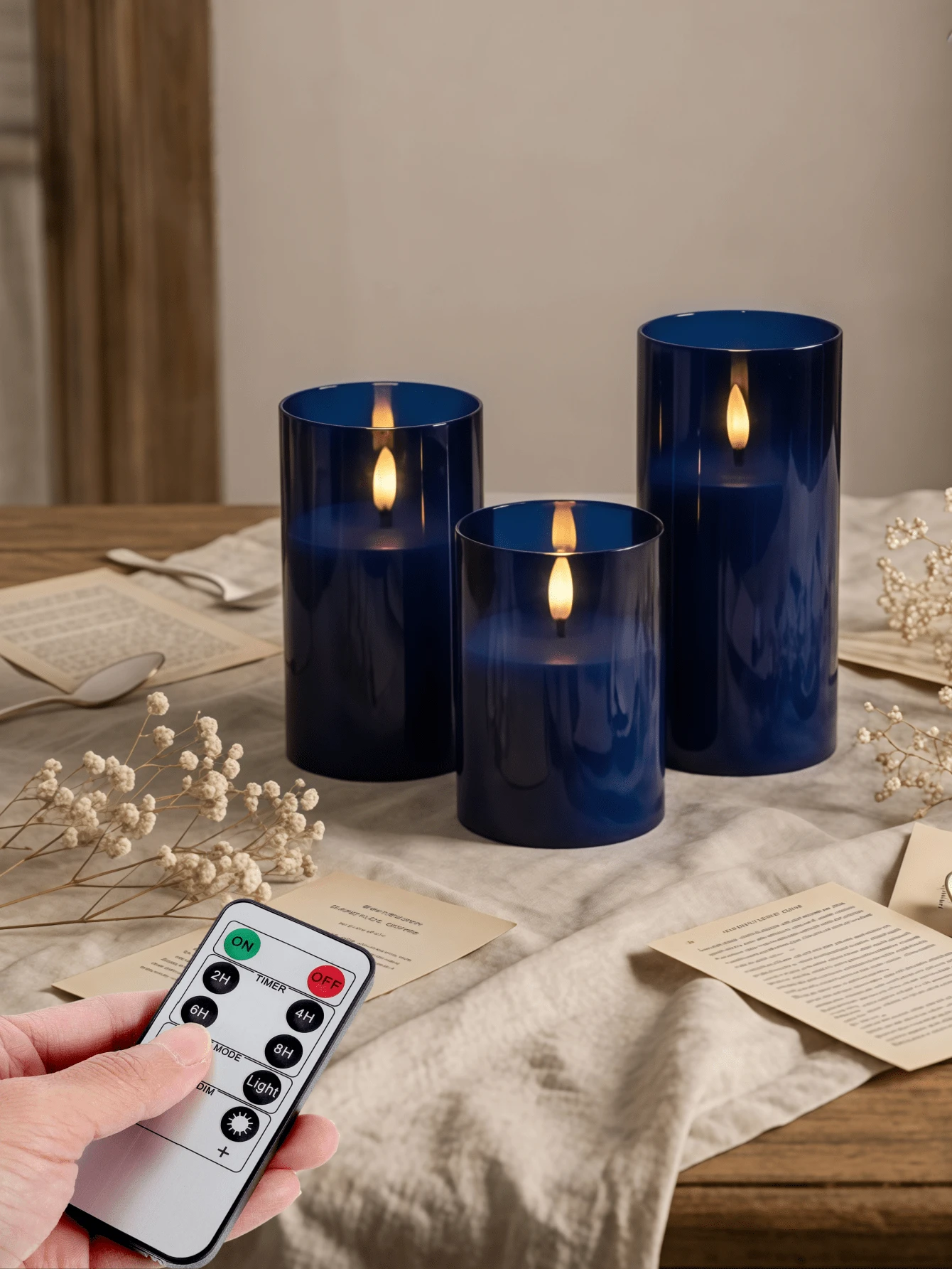 1/2/3pcs LED Warm Light Candle Lights With Remote Control And Timer Function, Suitable For Table Centerpiece Decoration, Wedding, Garden And Holiday Party, Home Decor, Gift Giving, Birthday Celebration, Graduation Commemoration And More - Dark Blue - View 1