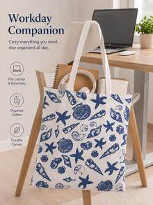 Ocean Print Canvas Laptop Accessory Tote Bag, Shell & Starfish Pattern Shoulder Bag, Large Capacity Computer Accessory Storage Bag, Suitable For Tablet, Charger, Data Cable, Laptop, Office And School Daily Use, School Commute, Small Gift For Family, Friends, Bestie - View 2