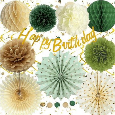 Birthday Decorations, Happy Birthday Banner, Reusable Soft Color Birthday Decoration Set, Grey-Green And Beige Birthday Decorations, Unisex Birthday Decorations