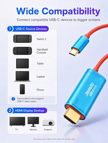 Type-C 转 HDMI 高清视频传输线，适用于 Switch NS2/OLED 便携底座转换器、Steam Deck/ROG 游戏主机电视智能投影线，支持 4K 60Hz 超清晰 HDR 画质，支持边玩边充 100W PD 快充，迷你紧凑即插即用，铝合金散热外壳编织线缆，内置安全保护芯片，广泛兼容 Type-C 手机/iPad/笔记本电脑、电视显示器、投影仪等通用镜像适配器。 - 彩色 - 查看 7