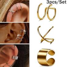 SENLANSP 3PCS 316L Stainless Steel Minimalist Smooth Cross Double Line Clip Earrings, Unisex, Suitable For Daily Wear, Party And Gifting - 3pcs - View 2