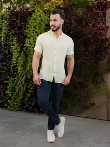 Men's Short-Sleeve Shirt With Mandarin Collar, Lightweight For Work And Leisure - 黃色 - 查看 6
