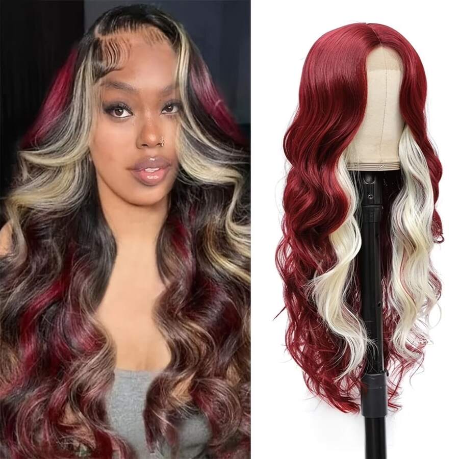 Red, Brown, Gold, Black Skunk Striped Highlights, Burgundy Gradient, 13x4 High-Density Body Wave HD Lace Front-Top Wig, Pre-Trimmed Hairline. - Red, Brown, Gold, and Black Skunk Stripes Highlighted - View 1