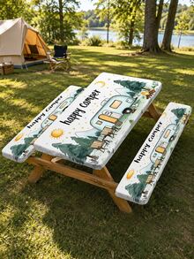 1/3pcs Elastic Picnic Table Cover With Stool Cover Set, Reusable Elastic-Edged Tablecloth, Tabletop Protection For Happy Campers And RVs, Durable Tablecloth For RV Travel And Backyard Dining. - Multicolor - View 2