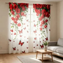 2 pièces Rideaux imprimés unilatéraux de roses rouges et papillons, style romantique de luxe, rideaux imprimés plats 2D, tissu 100% polyester, translucide, sans doublure, 90g/M², rideaux floraux, convient pour la décoration du salon, de la chambre, du balcon et des fenêtres, rideaux à poche pour tringle, rideaux uniquement, accessoires non inclus - Multicolore - Voir 8