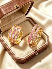 2 piezas Conjunto de brazaletes minimalistas de estilo empresarial con esmalte, onda asimétrica y hueco, pulsera de acero inoxidable adecuada para el atuendo diario de las mujeres, fiesta, ocasión formal, viaje al trabajo, ropa de negocios, regalo para amigos - Amarillo Oro - Ver 5