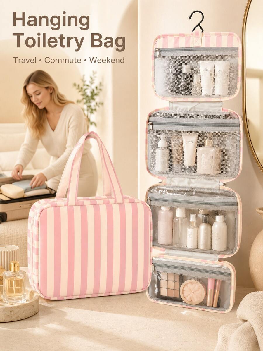 The Striped Toiletry Bag Also Doubles As A Makeup Organizer, Making It A Perfect Necessity For University Dorm Life And Travel. - Multicolor - View 1