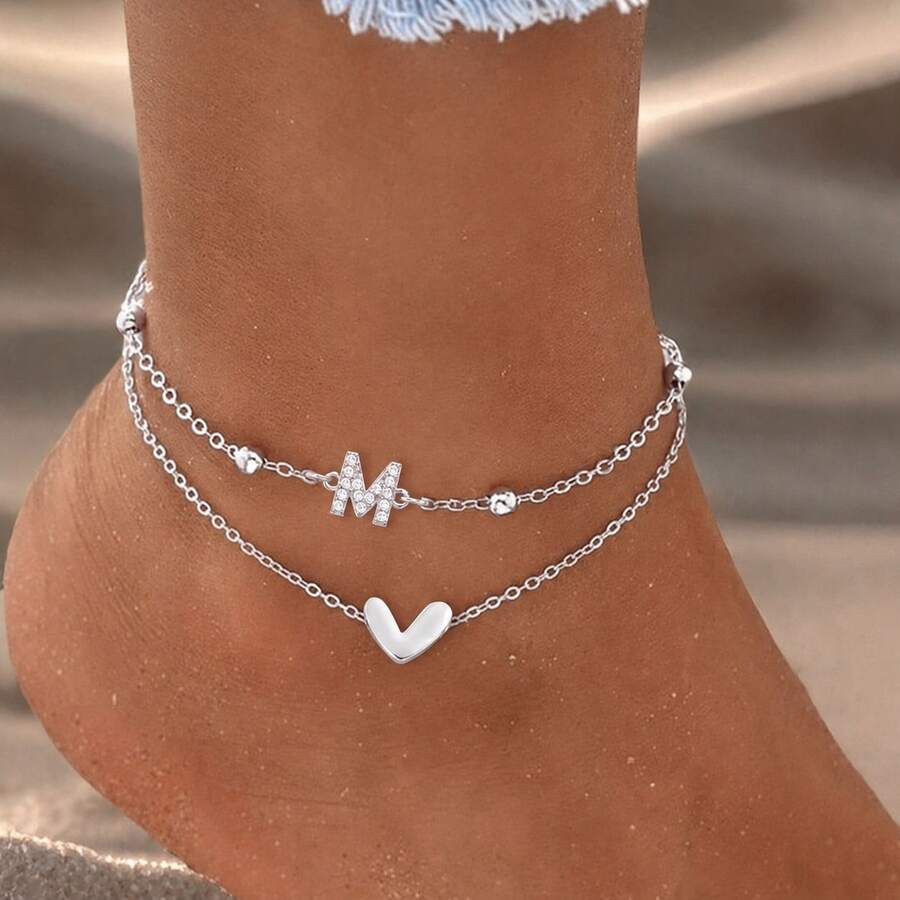 2Pcs/Set New Fashion Heart Initial Women Anklets Golden Stainless Steel Bead Chain Layered Anklet For Women - Silver - View 1