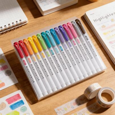 5/15pcs Double Ended Highlighters 17*14cm Dual Tip Mild Color Highlighter Fluorescent Marker Pen For Coloring Underlining Highlighting Broad And Fine Tips Back To School.Random Color