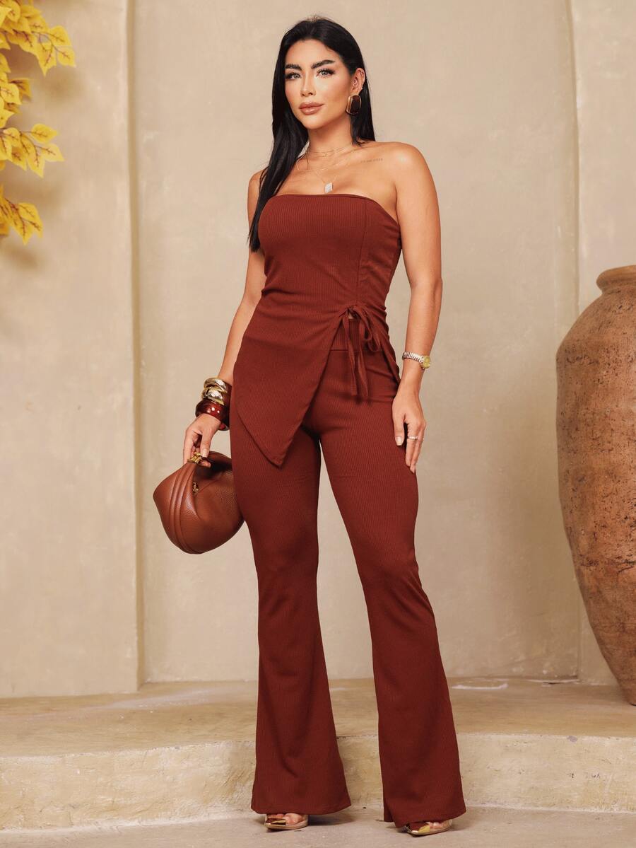 Women's Strapless Pants And Blouse Set With Diagonal Cutout - 咖啡棕色 - 查看 1