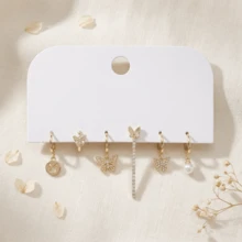 Multi-Style Stackable Earring Set 6 Pieces Rhinestone Butterfly Pearl Hoop Earrings Jewelry Gift For Women Girls Birthday Present - Gold - View 11