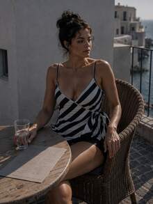女款優雅聚酯纖維條紋細肩帶吊帶上衣，自綁式不對稱下擺，休閒度假海灘穿搭，適合夏季 - 黑與白 - 查看 8