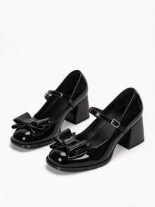 Fall/Winter 2025 Small Size Women's Black Square Toe Butterfly Decor Thick Heel Mary Jane Pumps Valentines, Elegant - 黑色 - 查看 2