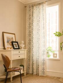 Bubaba Boho Leaf Pattern Curtains With Tassel Fringe, Light Filtering Linen Textured Window Panels For Living Room, Bedroom & Farmhouse Decor - Beige - View 1