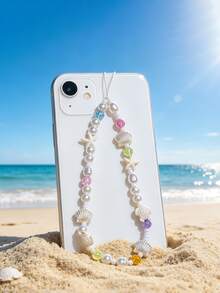 Cadena de teléfono con colgante de estilo de vida del océano de verano, con estrella de mar, tortuga marina, perla falsa, concha marina y flor de cuentas de arcilla suave, accesorio de viaje y vacaciones - Multicolor - Ver 28