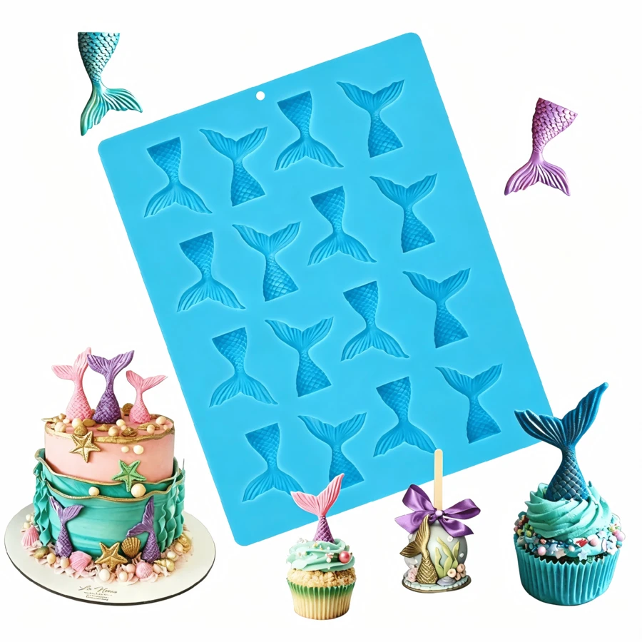 16-Cavity Textured Mermaid Tail Silicone Baking Mold, Reusable Easy Release Mould For DIY Chocolate, Gummy Candy, Fondant, Jelly, Cupcake Topper, Mermaid Birthday And Under Sea Theme Party Cake Decor - Multicolor - View 1
