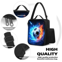 Lunchtasche mit Fußball-Muster und Roboter-Thema, isolierte weiche Lunchtasche, Schulanfang-Lunchtasche, Lunchbox, nicht für Lebensmittelkontakt, wiederverwendbare isolierte tragbare Lunchbox, Unisex, auslaufsichere Kühltasche, mit Wasserflaschenfach und Snackfach, ausgestattet mit verstellbarem Schultergurt und Handgriff - Vertikale Handtasche - Übersicht 5