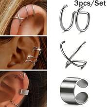 SENLANSP 3PCS 316L Stainless Steel Minimalist Smooth Cross Double Line Clip Earrings, Unisex, Suitable For Daily Wear, Party And Gifting - 3pcs - View 1