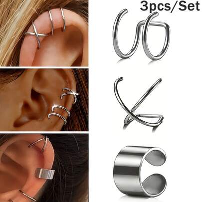 SENLANSP 3PCS 316L Stainless Steel Minimalist Smooth Cross Double Line Clip Earrings, Unisex, Suitable For Daily Wear, Party And Gifting
