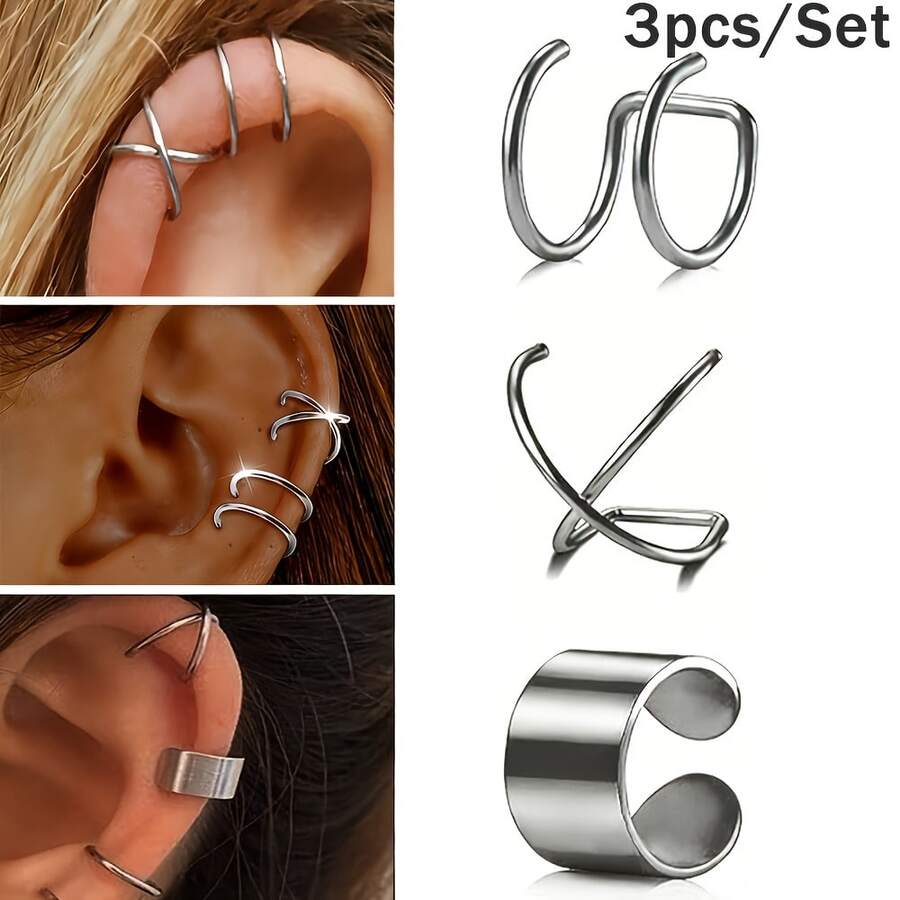 SENLANSP 3PCS 316L Stainless Steel Minimalist Smooth Cross Double Line Clip Earrings, Unisex, Suitable For Daily Wear, Party And Gifting - 3pcs - View 1