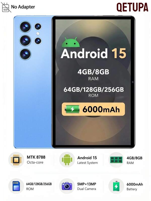 Qetupa 10.1 Inch Android 15 Tablet, Octa-Core Processor, 4GB/8GB RAM, 64GB/128GB/256GB ROM, HD IPS Touchscreen, 6000mAh Battery, Wi-Fi 6, Bluetooth 5.4, 5MP+13MP Dual Camera (Adapter Not Included)