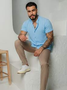 Men's Short-Sleeve Shirt With Mandarin Collar, Lightweight For Work And Leisure - 天藍色 - 查看 6