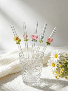 Transparent Borosilicate Glass Straws With Five Different Floral Combination Designs,Reusable And Cute,Includes A Cleaning Brush.Ideal For Cold Drinks, Smoothies, Sparkling Water, Milk Tea & Juices, Perfect For Parties, Picnics,Perfect Gift For Girls - View 3