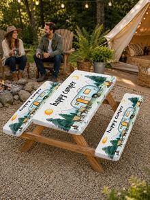 1/3pcs Elastic Picnic Table Cover With Stool Cover Set, Reusable Elastic-Edged Tablecloth, Tabletop Protection For Happy Campers And RVs, Durable Tablecloth For RV Travel And Backyard Dining. - Multicolor - View 5