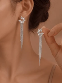 2件組鏈條裝飾吊墜耳環，極簡長流蘇鏈條金色女款耳環，適合日常通勤與約會穿搭 - 銀色 - 查看 1
