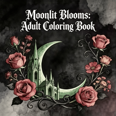 "Moonlit Blooms" Adult Coloring Book, Includes 5 Random Bonus Stickers, Gothic Moonlit Roses, Dark Floral & Mystical Church Designs, Relaxing Coloring Activity For Gothic Art Lovers & All Skill Levels