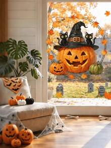 1pc Halloween Horror Pumpkin Witch Hat Black Cat Maple Leaf Window Sticker, Creative Self-Adhesive Removable Double-Sided Visible PVC Glass Decal, Suitable For Living Room Bedroom Dining Room Windows And Door Glass Decoration - A - View 5
