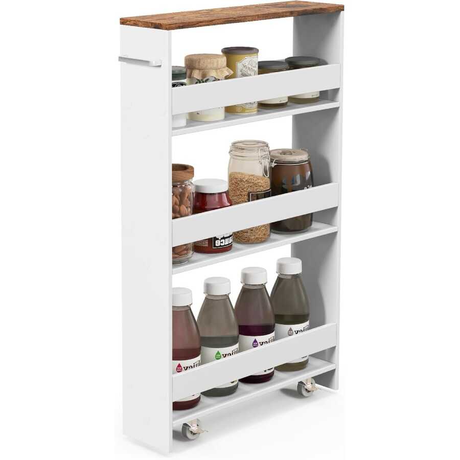 Niche Shelf With Wheels, 4 Levels Shelf Trolley With Handle, Kitchen Cabinet Bathroom Shelf Rolling Shelf For Kitchen Bathroom, Laundry - White - View 1
