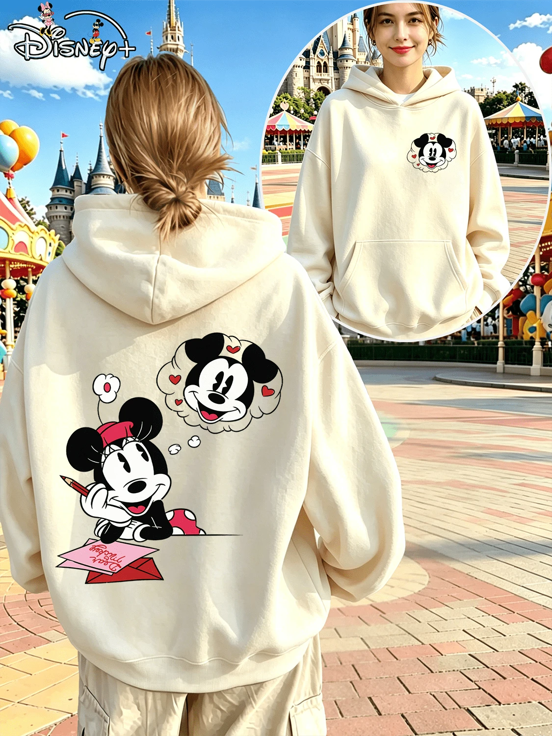 Disney Minnie And Mickey Mouse Love Letter Print Loose-Fitting Hooded Sweatshirt For Women (Women's Autumn/Winter Clothing/Plus Size Friendly) - Apricot - View 1